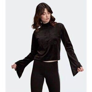 Adidas Woman's Sz M Bellista Sweater Black Velvet Trefoil Logo Flared Long Slvs